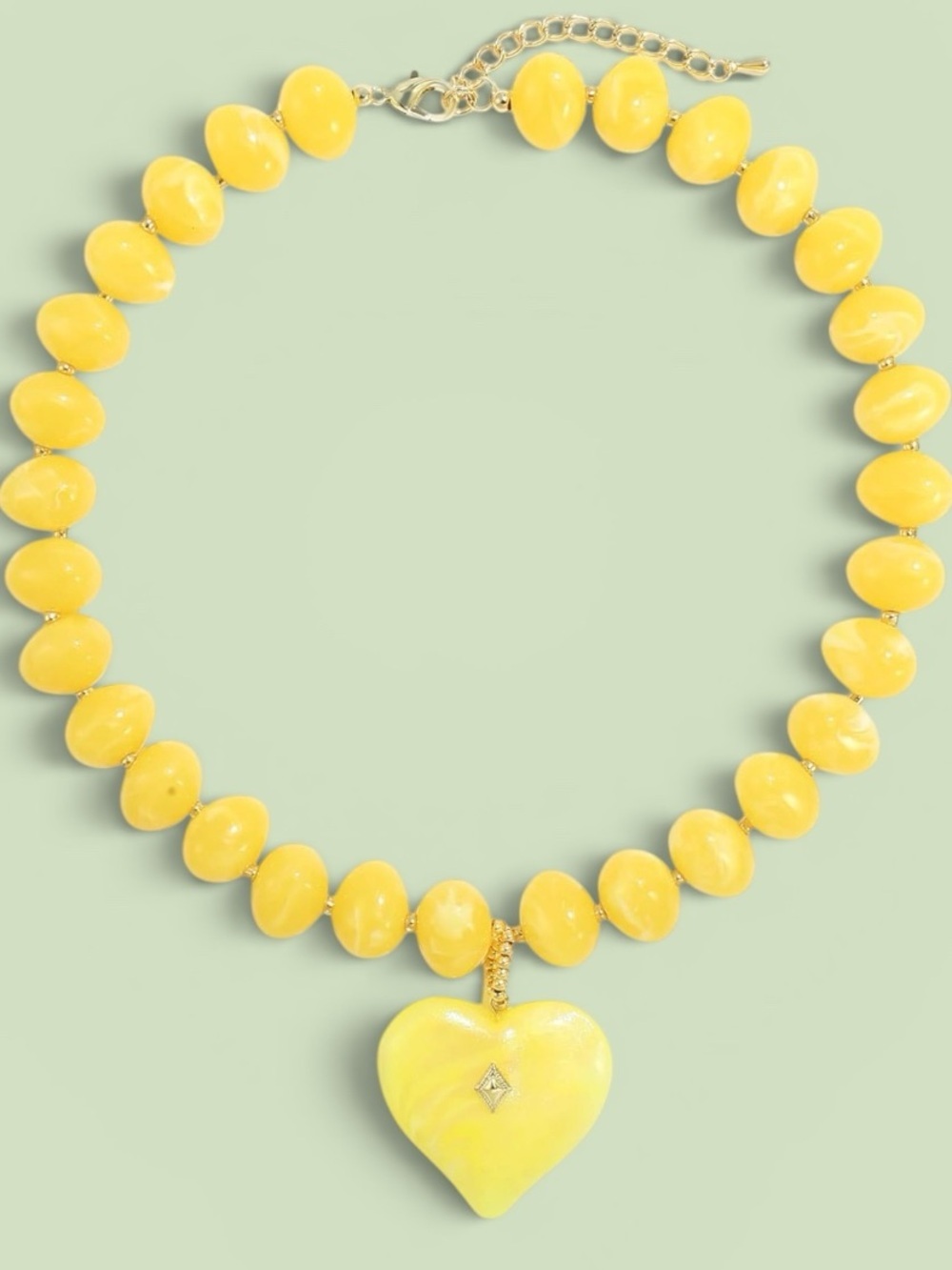 New! Yellow Beaded Choker Necklace with Heart Pendant
